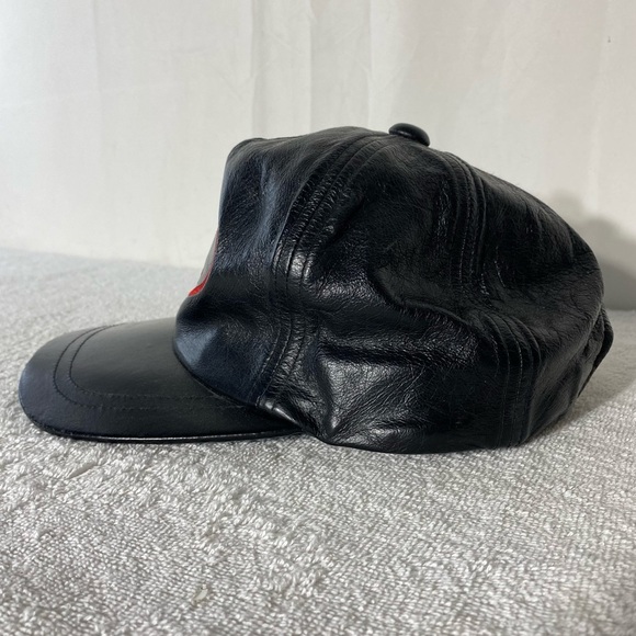 Vintage Black Leather Red Embroidered Brazel Construction Trucker Hat - Picture 4 of 11